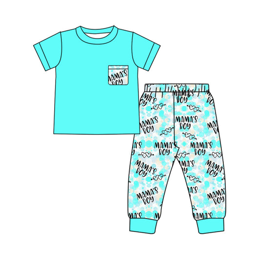 ( Moq 5 ) Preorder Kids Boys Short Sleeves Blue Shirt Mama's Boy Pants Set