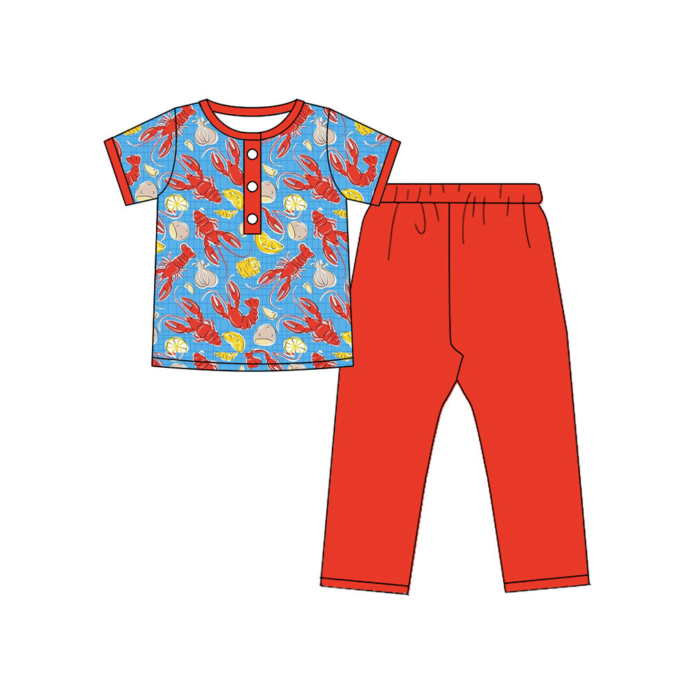 ( Moq 5 ) Preorder Baby Boys Kids Short Sleeves Crawfish Buttons Shirt Red Pants Set