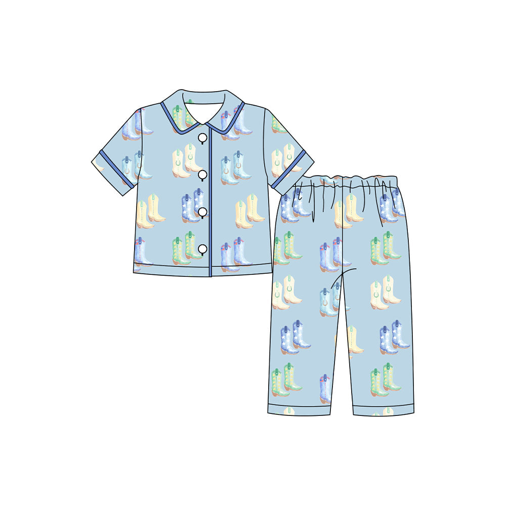 ( Moq 5 ) Preorder Boys Kids Short Sleeves Boots Buttons Shirt Pants Blue Pajamas Clothes Set