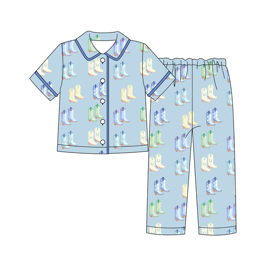 ( Moq 5 ) Preorder Adult Man Short Sleeves Boots Buttons Shirt Pants Blue Pajamas Clothes Set