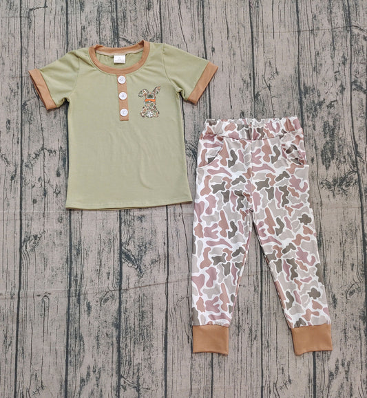 ( No moq ) Preorder Boys Kids Short Sleeves Embroidery Rabbit Shirt Camo Pants Easter Set