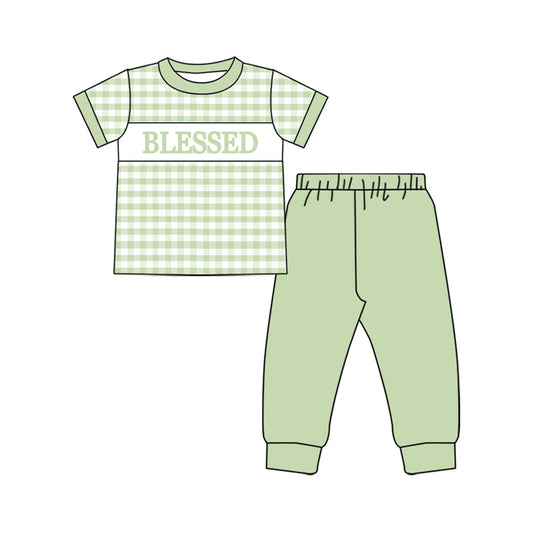 ( Moq 5 ) Preorder Boys Kids Short Sleeves Blessed Plaid Shirt Green Pants Set