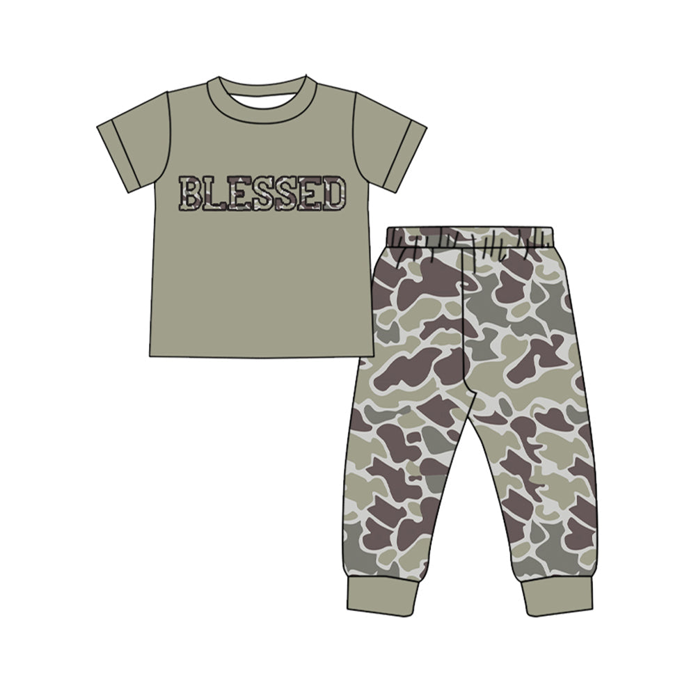 ( Moq 5 ) Preorder Boys Kids Short Sleeves Blessed Shirt Camo Pants Set