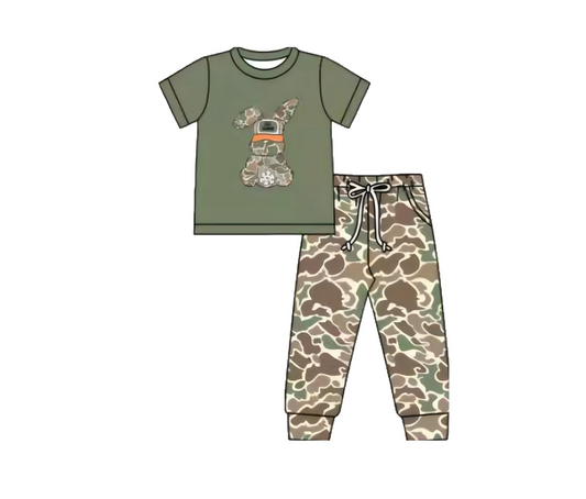 ( Moq 5 ) Preorder Girls Kids Short Sleeves Rabbit Shirt Camo Pockets Pants Easter Set