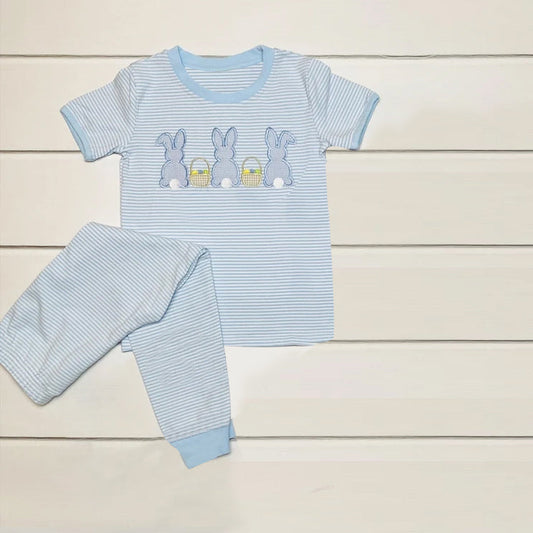 ( Moq 5 ) Preorder Baby Boys Kids Rabbits Eggs Shirt Blue Stripes Pants Easter Pajamas Clothes Set