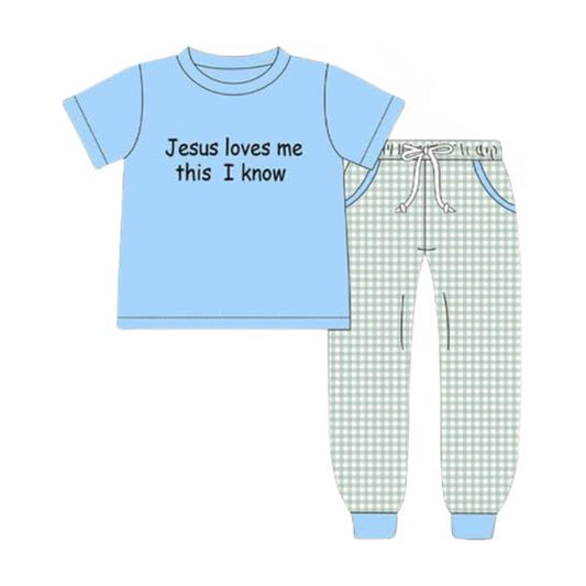 ( Moq 5 ) Preorder Baby Boys Jesus Love Me Blue Short Sleeves Shirt Plaid Pockets Pants Set
