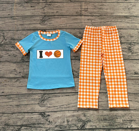 ( No moq ) Preorder Baby Boys Embroidery I Love Basketball Blue Shirt Plaid Pants Clothes Set