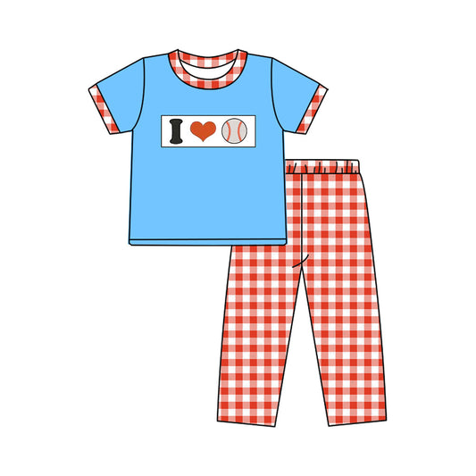 ( Moq 5 ) Preorder Baby Boys Short Sleeves I Love Baseball Blue Shirt Plaid Pants Clothes Set