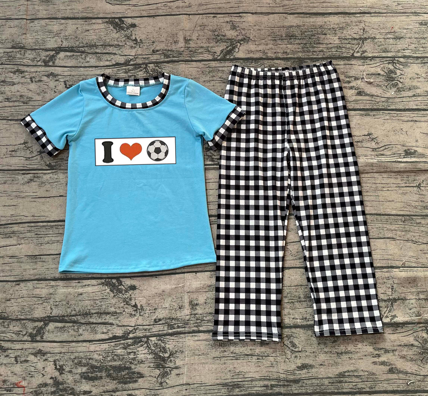 ( No moq ) Preorder Baby Boys Embroidery I Love Soccer Blue Shirt Plaid Pants Clothes Set