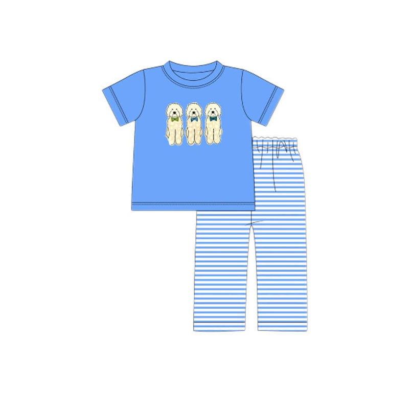 ( Moq 5 ) Preorder Baby Boys Short Sleeves Dogs Shirt Stripe Pants Blue Clothes Set