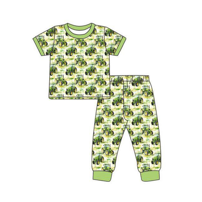 ( Moq 5 ) Preorder Baby Boys Kids Short Sleeves Tractors Farm Shirt Pants Pajamas Green Outfit