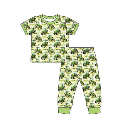 ( Moq 5 ) Preorder Baby Boys Kids Short Sleeves Tractors Farm Shirt Pants Pajamas Green Outfit