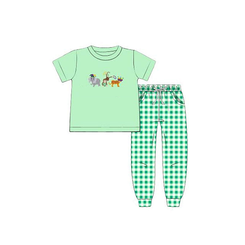 (  Moq 5 ) Preorder Baby Boys Short Sleeves Animals Shirt Pockets Plaid Pants Mardi Gras Green Set