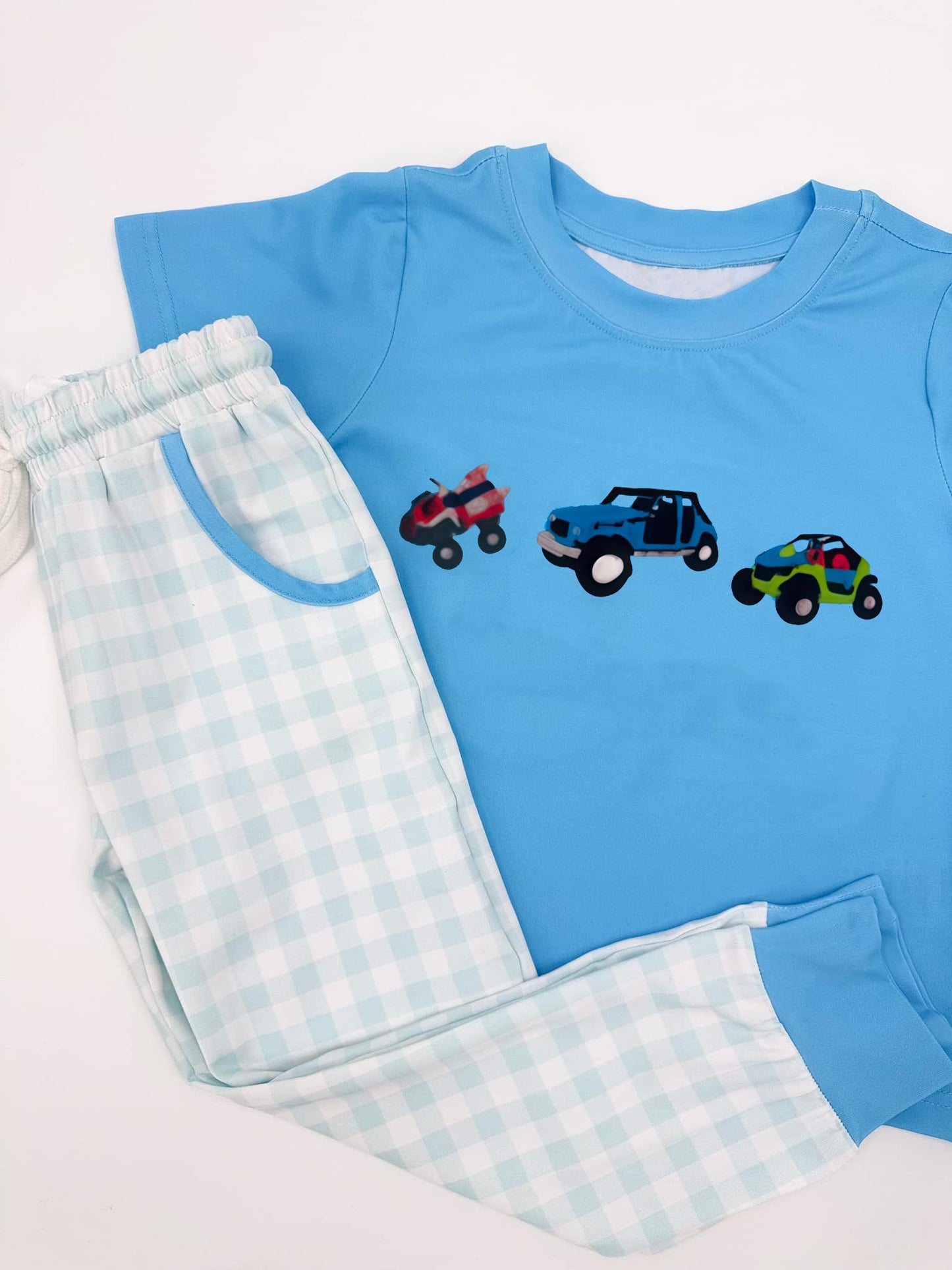 ( Moq 5 ) Preorder Baby Boys Short Sleeves  Trucks Blue Shirt Pockets Plaid Pants Clothes Set