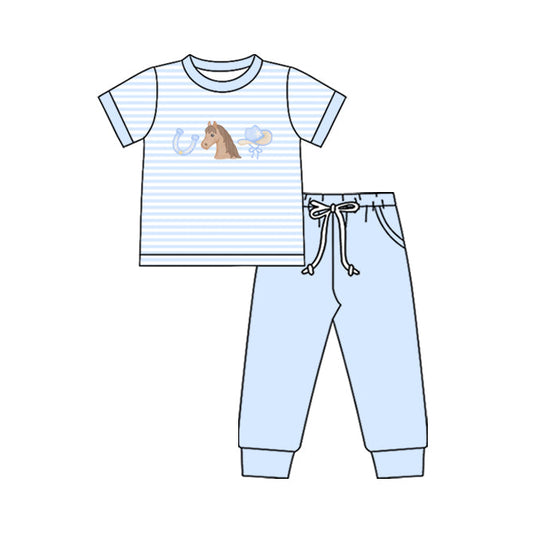 ( Moq 5 ) Preorder Baby Boys Short Sleeves Horse Stripes Shirt Blue Pockets Pants Western Set