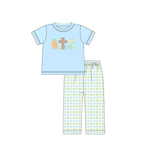( Moq 5 ) Preorder Baby Boys Carrots Cross Egg Blue Shirt Plaid Pants Easter Clothes Set