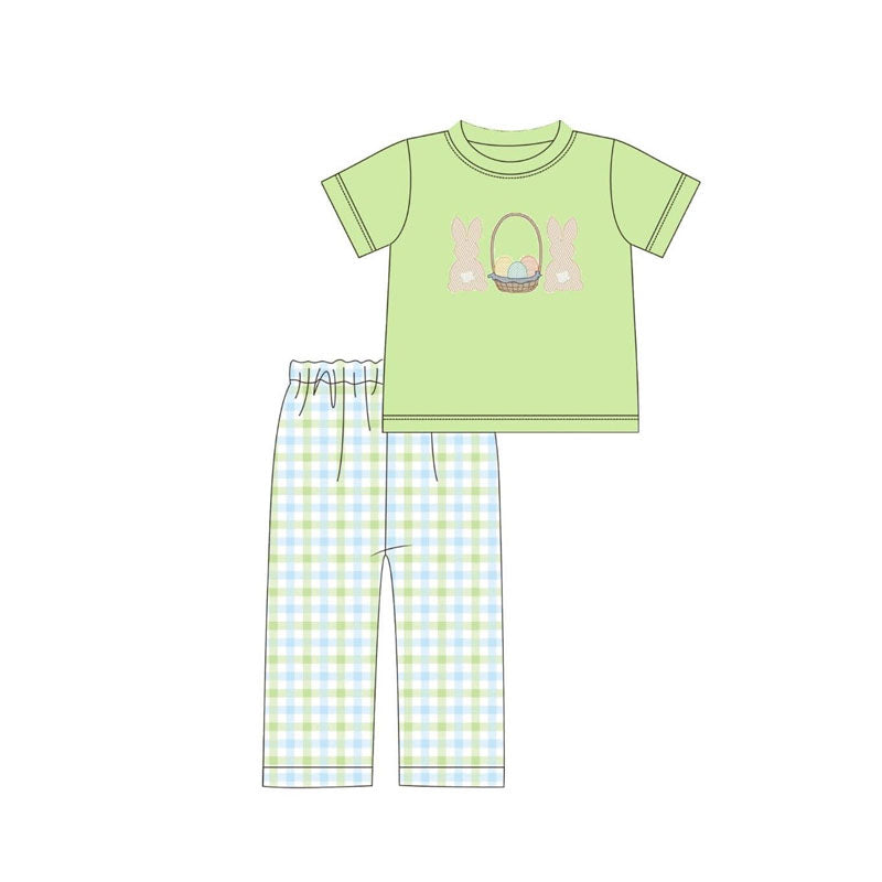 ( Moq 5 ) Preorder Baby Boys Rabbits Eggs Green Shirt Plaid Pants Easter Clothes Set