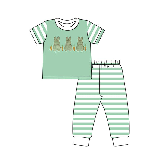 ( Moq 5 ) Preorder Baby Boys Rabbits Carrots Shirt Green Stripes Pants Easter Pajamas Set