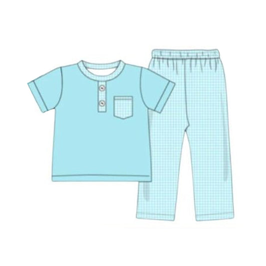 ( Moq 5 ) Preorder Baby Boys Kids Short Sleeves Pocket Buttons Shirt Plaid Pants Clothes Set