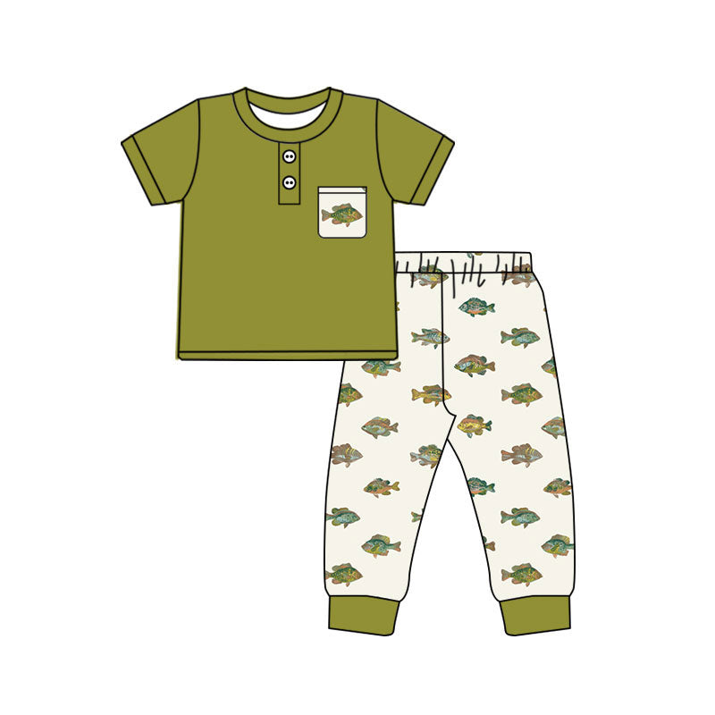 ( Moq 5 ) Preorder Baby Boys Kids Short Sleeves Pocket Green Shirt Fish Pants Set Clothes