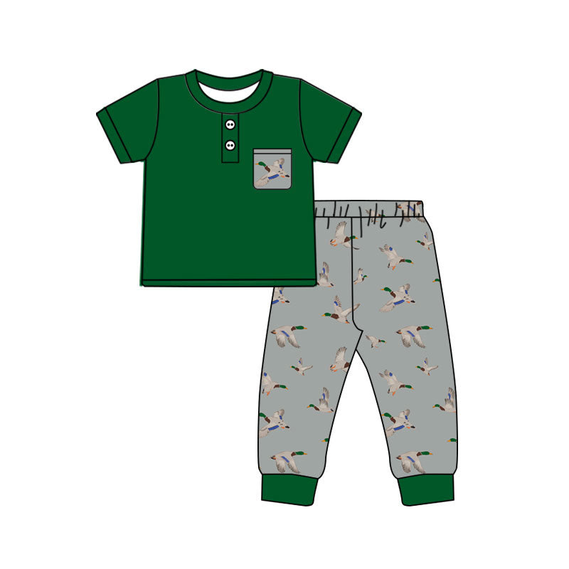 ( Moq 5 ) Preorder Baby Boys Kids Short Sleeves Pocket Green Shirt Ducks Pants Set Clothes