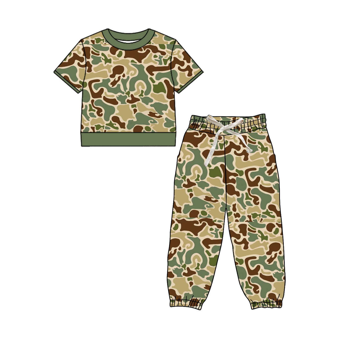 ( Moq 5 ) Preorder Baby Boys Kids Short Sleeves Green Camo Shirt Jogger Pants Set Clothes