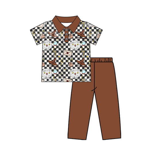 ( Moq 5 ) Preorder Baby Boy Kids Short Sleeves Checked Magic Buttons Shirt Pants Set Clothes