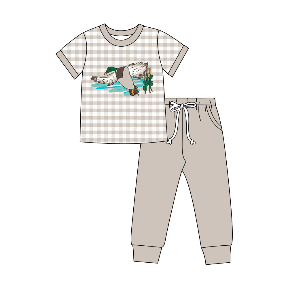 ( Moq 5 ) Preorder Baby Boys Short Sleeves Duck Plaid Shirt Pockets Pants Set Clothes