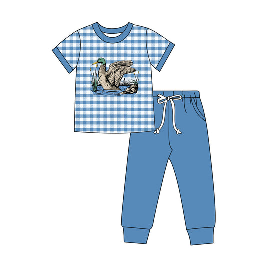 ( Moq 5 ) Preorder Baby Boys Short Sleeves Duck Plaid Shirt Blue Pockets Pants Set Clothes