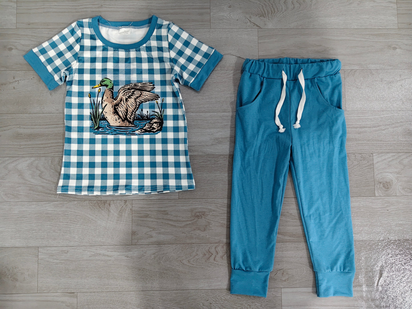 ( No moq ) Preorder Baby Boys Short Sleeves Duck Plaid Shirt Blue Pockets Pants Set Clothes