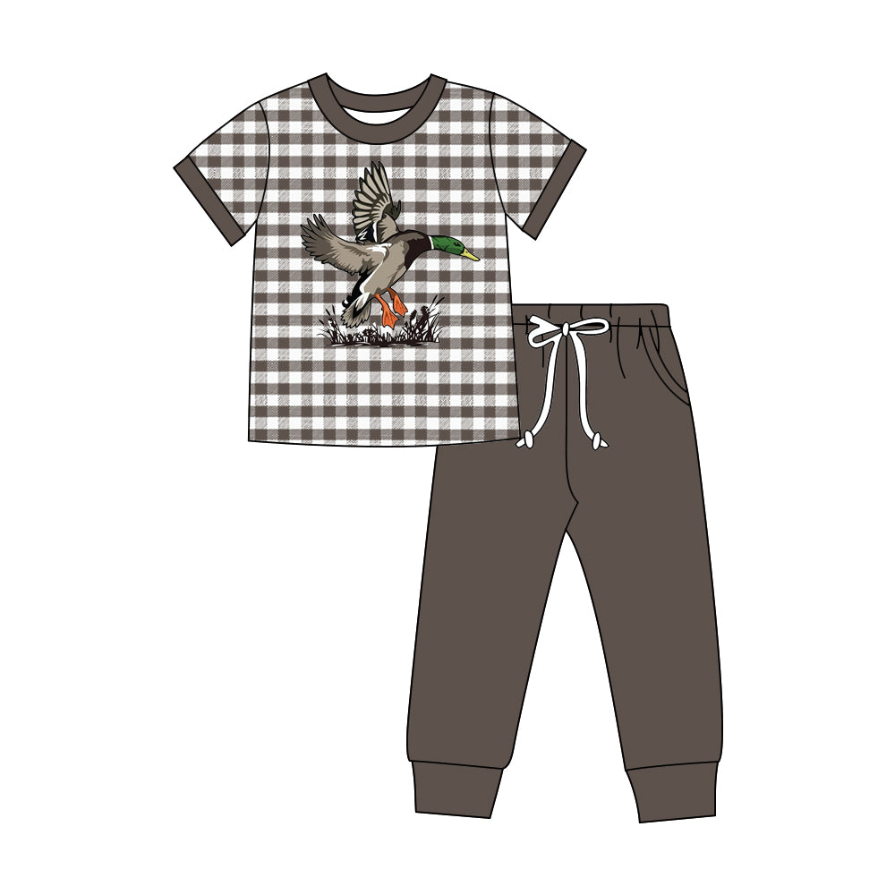 ( Moq 5 ) Preorder Baby Boys Short Sleeves Duck Checked Shirt Pockets Pants Set Clothes