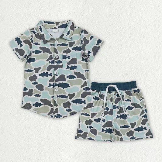 Baby Boys Kids Short Sleeves Buttons Pocket Shirt Shorts Set Green Camo Clothes RTS