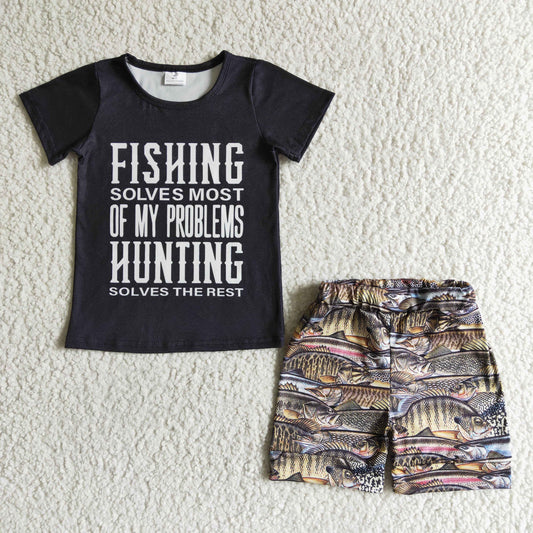 Promotion Baby Boy Black Short Sleeves Fishing Shirt Shorts Outfit RTS