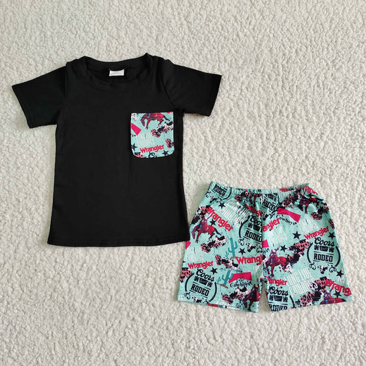 Promotion Baby Boy Summer Western Cow Horse Cactus Pocket Shorts Set