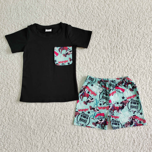 Promotion Baby Boy Summer Short Sleeves Western Black Shirt Pocket Shorts Set RTS