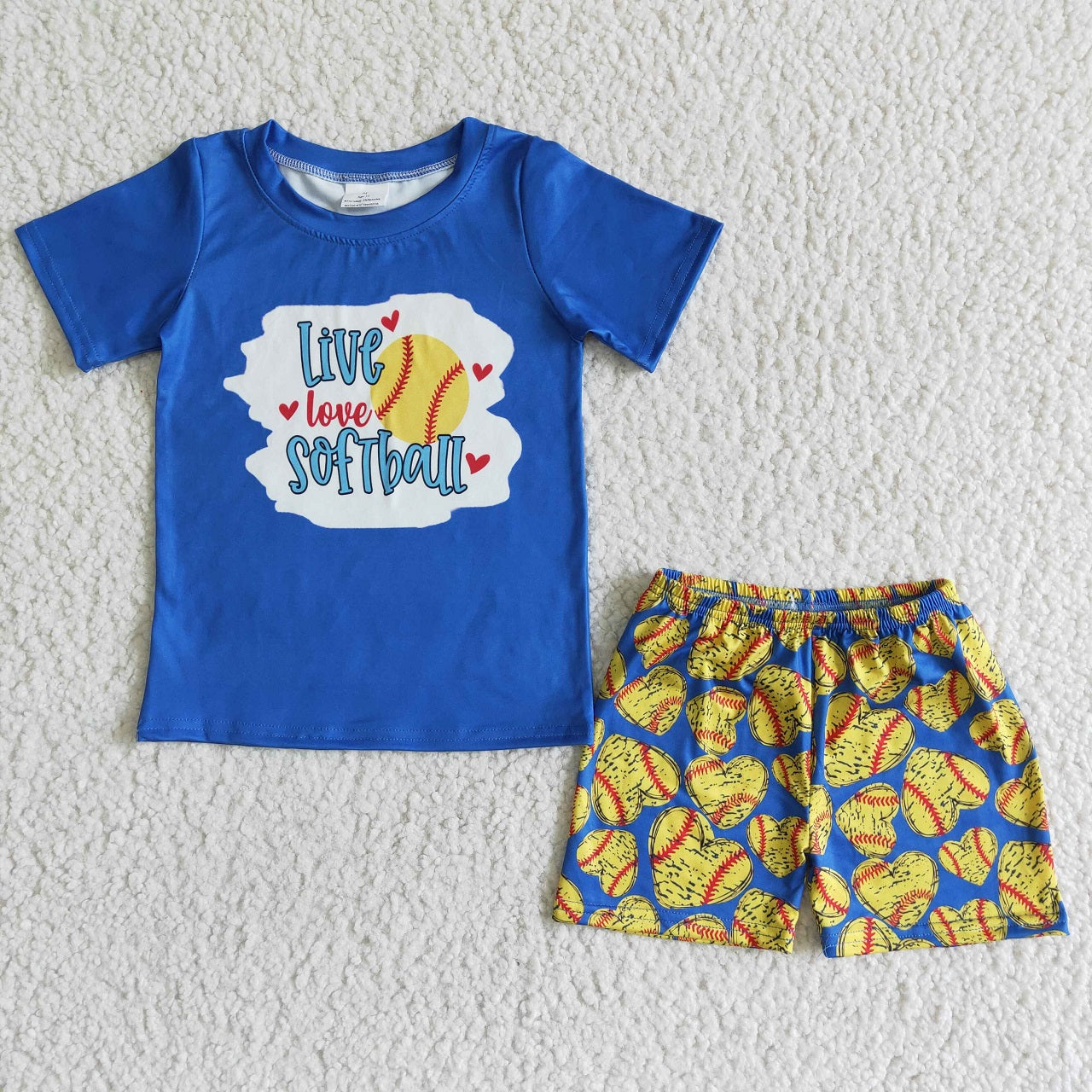 Promotion Baby Boy Blue Short Sleeves Shirt Hearts Softball Shorts Summer Outfit