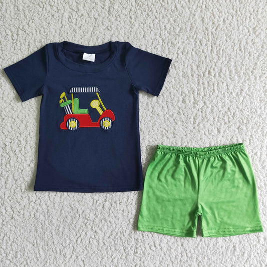 Promotion Baby Boy Short Sleeves Embroidery Golf Shirt Summer Green Shorts Set