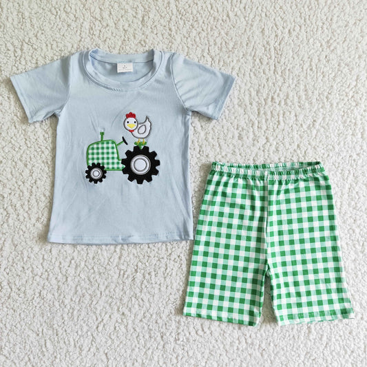 Promotion Baby Boy Short Sleeves Embroidery Tractor Chick Shirt Green Plaid Shorts Set