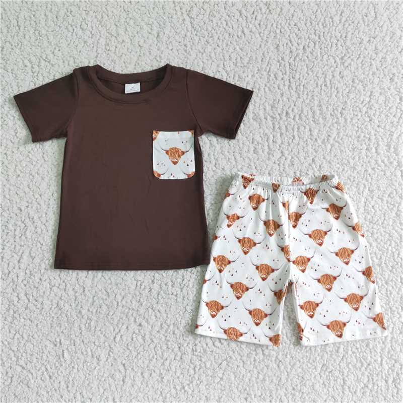 Promotion Baby Boy Summer Short Sleeves Brown Pocket Shirt Cow Western Shorts Set