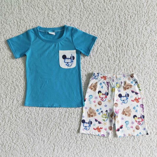 Promotion Baby Boy Summer Blue Short Sleeves Pocket Shirt Cartoon Shorts Set