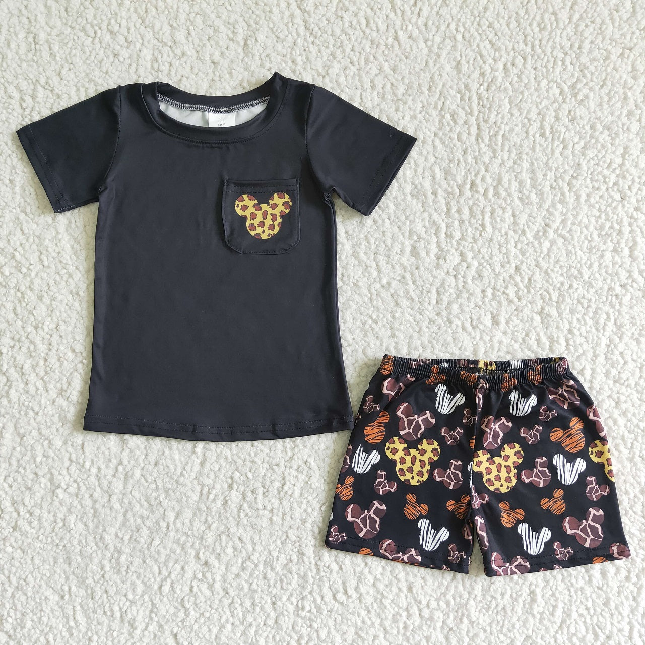 Promotion Baby Boy Summer Black Short Sleeves Pocket Shirt Leopard Cartoon Shorts Set