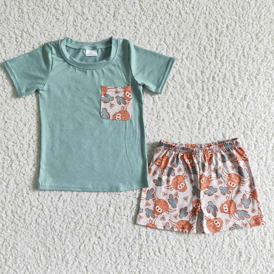 Promotion Baby Boy Green Short Sleeves Pocket Shirt Cow Cactus Shorts Western Outfit