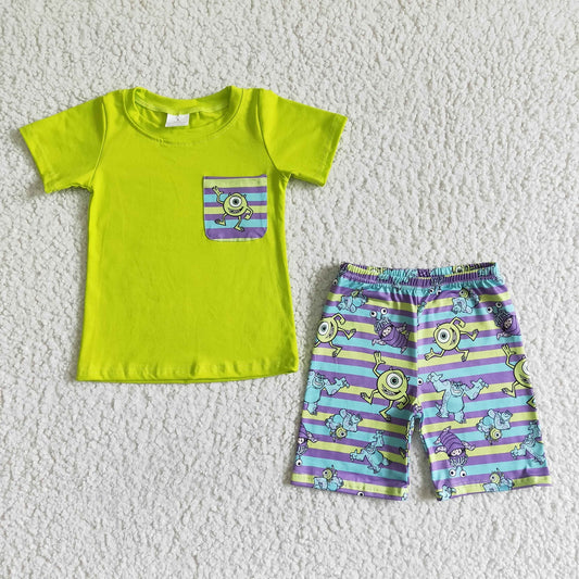 Promotion Baby Boy Summer Green Short Sleeves Pocket Shirt Cartoon Shorts Set