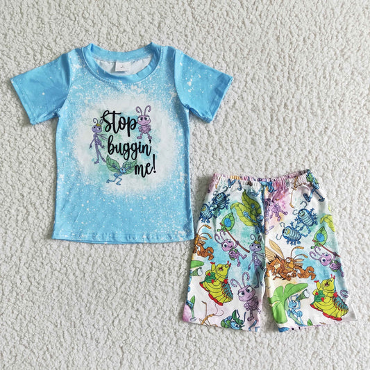 Promotion Baby Boy Summer Blue Short Sleeves Shirt Cartoon Shorts Set