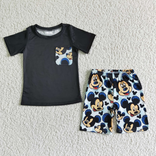 Promotion Baby Boy Black Short Sleeves Pocket Shirt Mouse Shorts Set