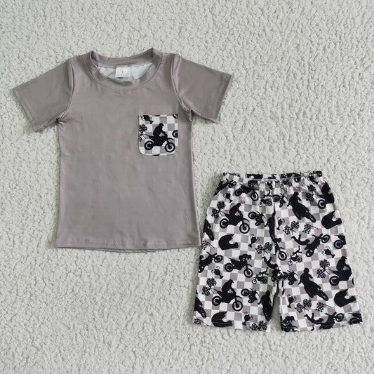 Promotion Baby Boy Summer Grey Pocket Shirt Motorbike Shorts Outfit