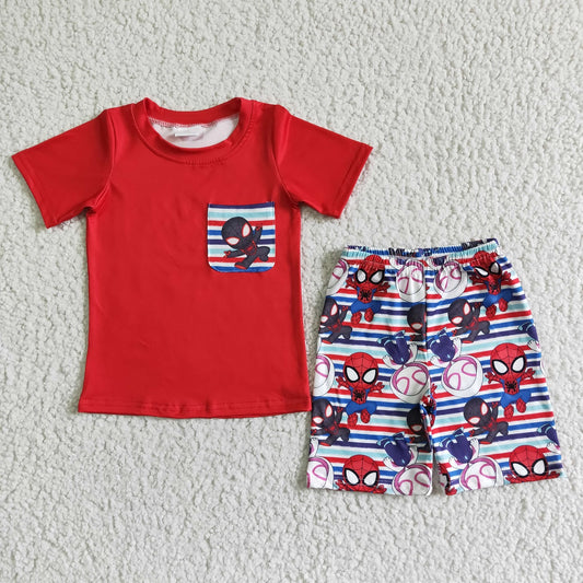 Promotion Baby Boy Short Sleeves Red Shit Cartoon Pocket Shorts Outfit