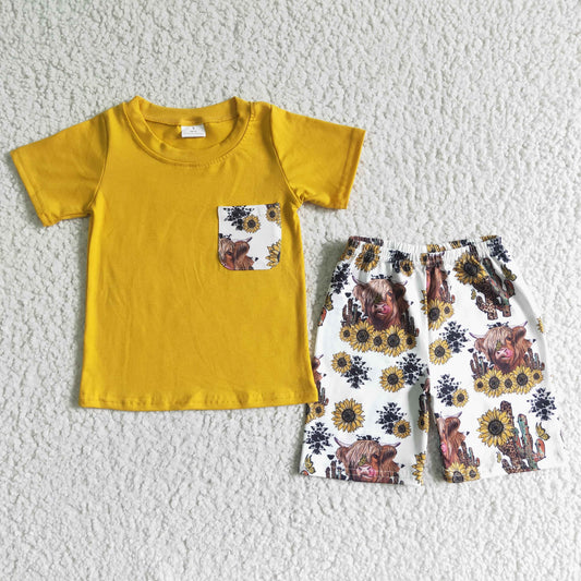 Promotion Baby Boy Summer Western Cow Sunflower Pocket Shorts Outfit RTS