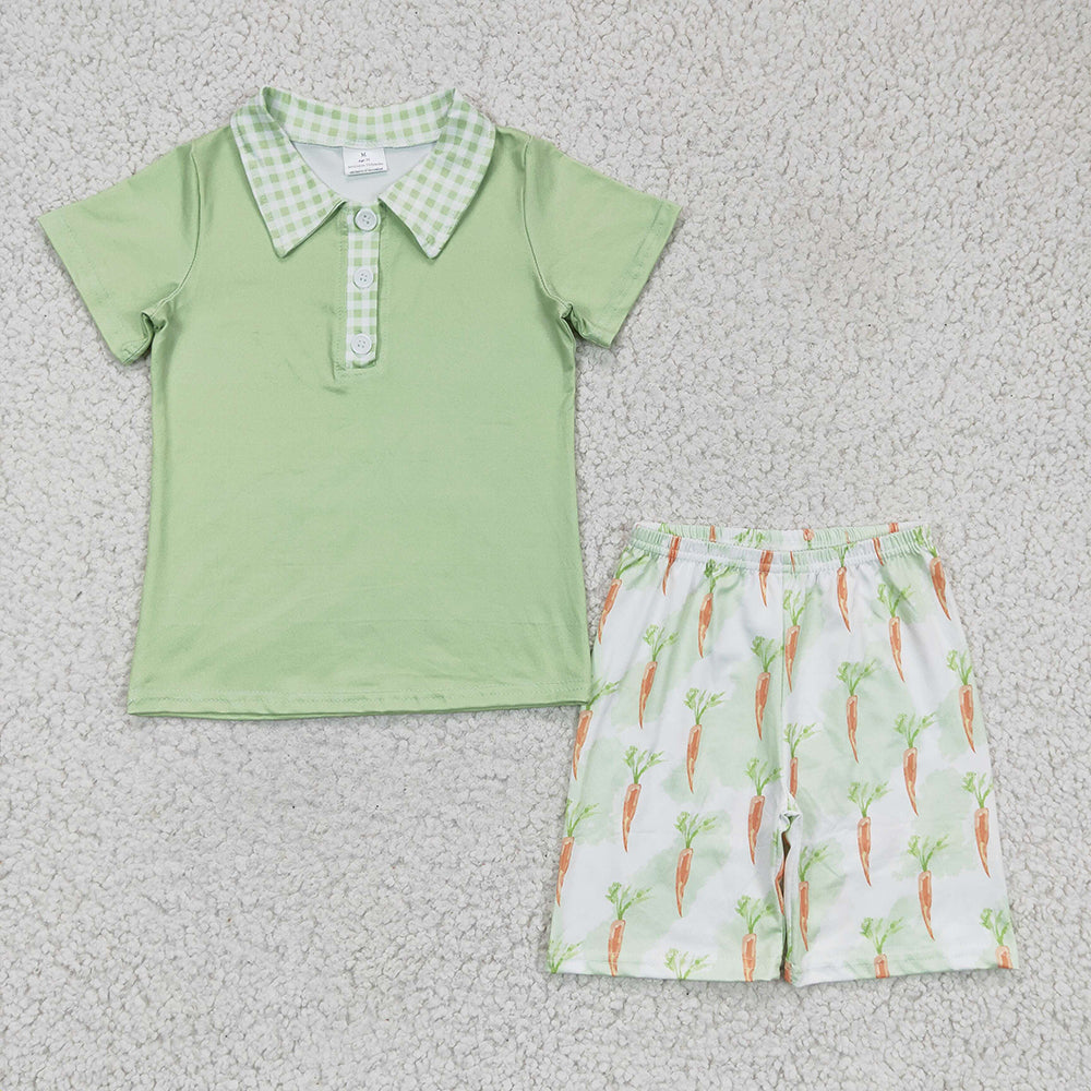 Baby Boy Girl Short Sleeves Easter Rabbits Carrots Sibling Green Romper Dress Set