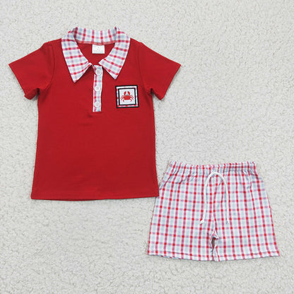 Baby Boy Girl Embroidery Crabs Checked Sibling Red Romper Clothes Set RTS